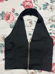 Black Halter Zip-Up Top