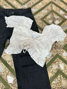 Ripped Black Wash Wide Leg Jeans And White Top