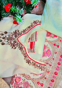 Cream Color Embroiderd Kurta/Skirt Suit Set