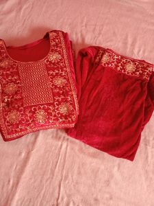 Velvet Maroon Nyra Cut Kurta With Plazo XL Size