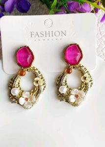 Korean Pink Stone Floral Danglers 🫶