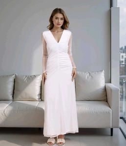 Deep V-Neck Front Ruched Mesh Sleeves A-Line Dress