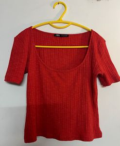 Zara Red Ribbed Top - Size S