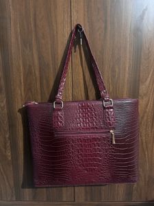 Burgundy Faux Croc Tote Bag