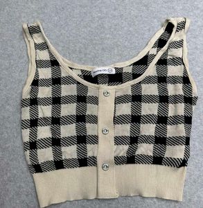 Checkered Knit Button-Up Top