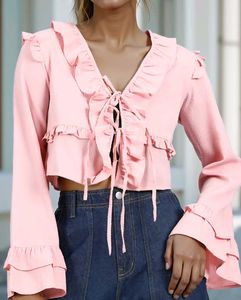 Shein bell sleeve Ruffled Pink Crop Top
