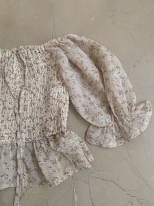 Floral Smocked Peplum Top with Puffy Sleeves