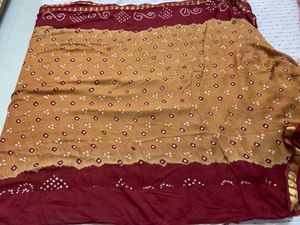 Golden Brown &amp; Maroon Bandhani Saree