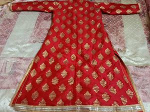 Elegant Red Banarasi Anarkali Set with Golden Moti