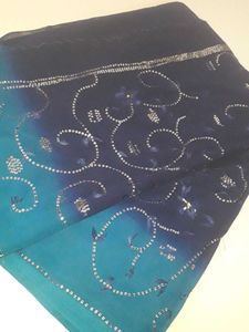 Saree Navy Blue+SkyBlue Sequence Work Floral Print