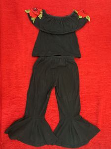 Hopscotch Girls Cotton Solid Top Pant Set In Black