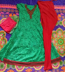 Green With Red Combination Anarkali Set👗
