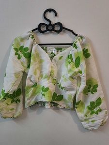White And Green Floral Crop Top With A Keyhole