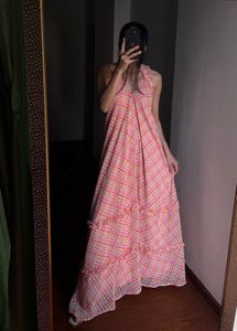 Chiffon Frill Halter Tier Ruffle Maxi Dress