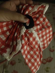 Red Gingham Bow rubber Band with Lace Trim