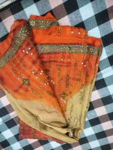 Orange &amp; Gold Embellished Sari