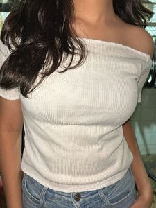 White Ribbed Off-Shoulder Top