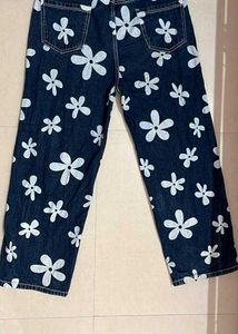 Navy Blue Flower Printed Denim Jeans