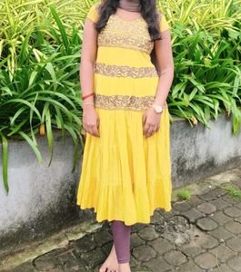 Yellow Tiered Kurta with Pant and dupatta