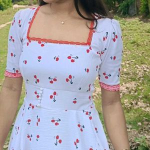 Cherry Print Ruffle Hem Midi Dress