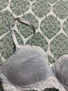 Gray Lace Trim Padded Bra, Bust- 36 B