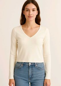 Cream V-Neck Long Sleeve Top