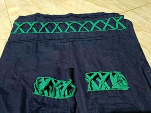 Elegant Navy Blue &amp; Green Embroidered Cotton Suit