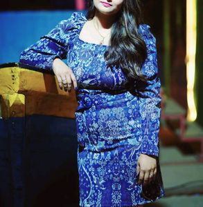 Navy Blue Belted Puff Sleeve Jacquard Dress