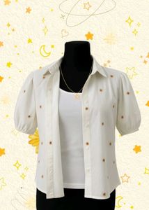 Embroidered button up packet blouse