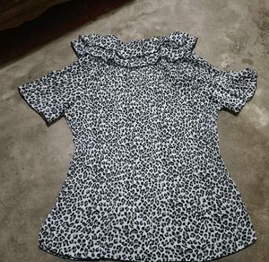 Pleated Ruffle Neck Animal Print Top