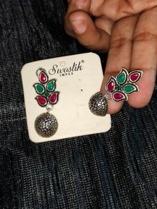 Festive Red &amp; Green Oxidized Earrings