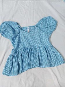 Blue Peplum Gingham top