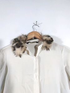 Zara White Blouse with Fur Collar