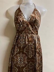 Brown Patterned Halter Dress