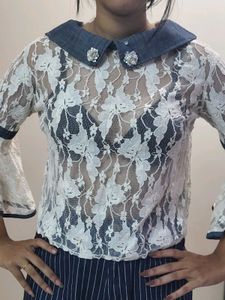 Off-White Top With Lace Net