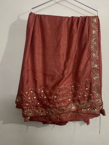 Peach Mirror Work Saree With Blouse.