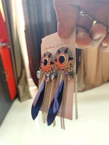 Designer Blue Feathered Ear Rings