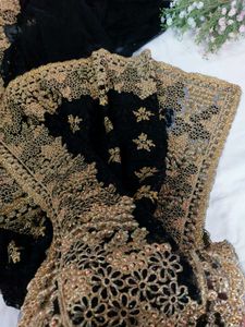 Black &amp; Gold Zari Work Embroidered Net Saree