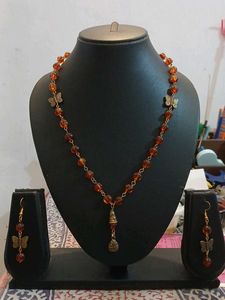 Amber Beaded Butterfly Necklace & Earring Set