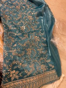Teal Embroidered Kurta Set Unstitched