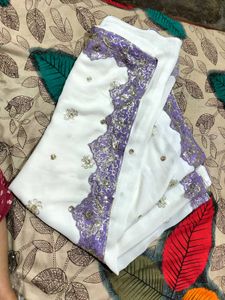 Elegant White &amp; Lilac Embroidered Saree