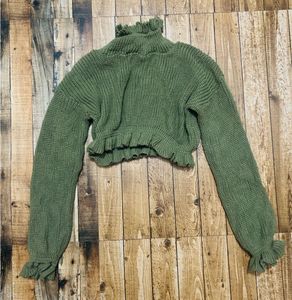 Olive Green Ruffle Knit Sweater