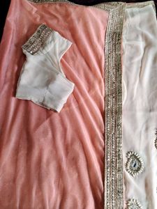 Peach &amp; Silver Embellished Saree