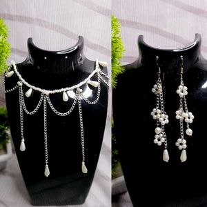 Elegant Pearl Drop Choker & Floral Earrings Set