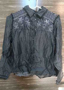 Embroidered Black Button-Down Shirt