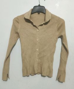 Collared Ribbed Button Detailed Top
