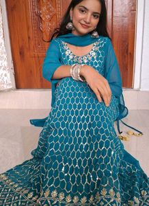 Teal Geometric Embroidered Salwar Kameez