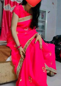 Pink Saree with Gold Border