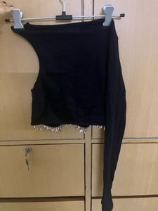 Zara Off Shoulder Rib Stretch Top With Tassel