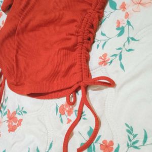 SSS Orange Ribbed Drawstring Top